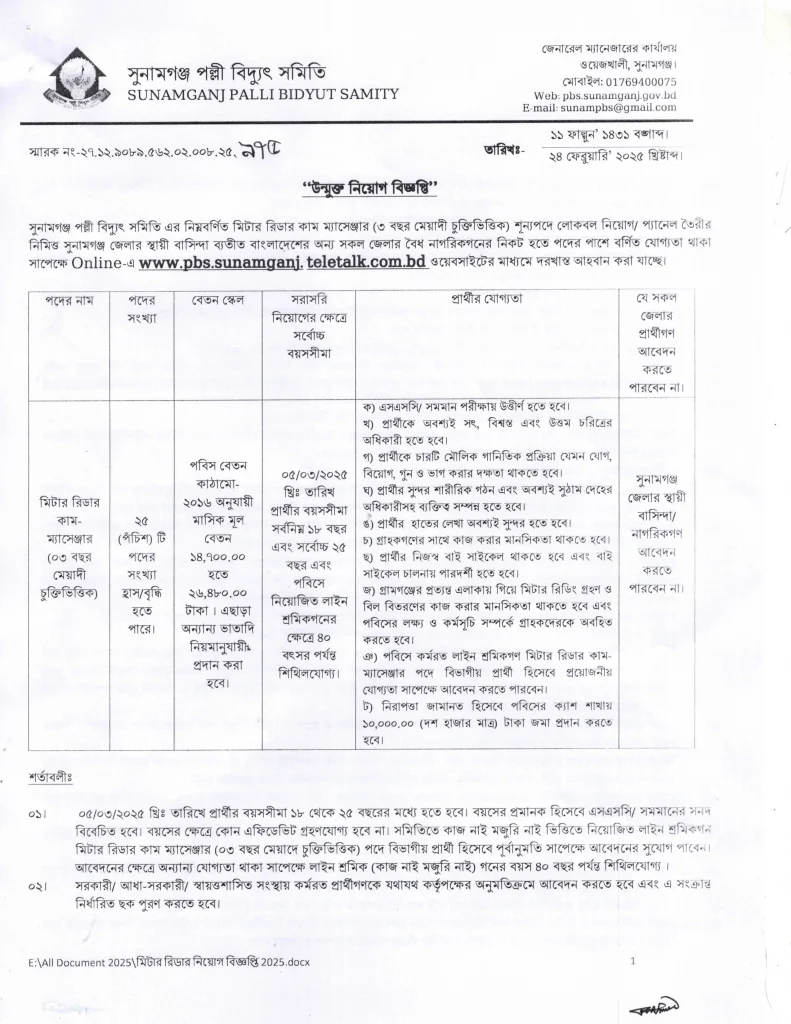 PBSSUNAM Job Circular